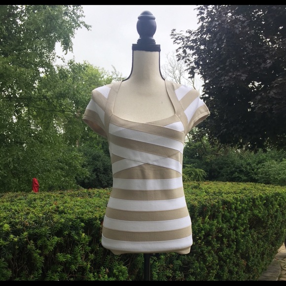 WHBM Tan/white striped cross front top M - Picture 1 of 7